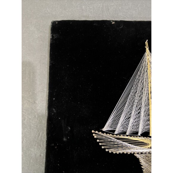 VTG Mid Century 3D String Art Nail Sail Boat Ship Wall Wood Frame 15x14” Velvet - Picture 6 of 16